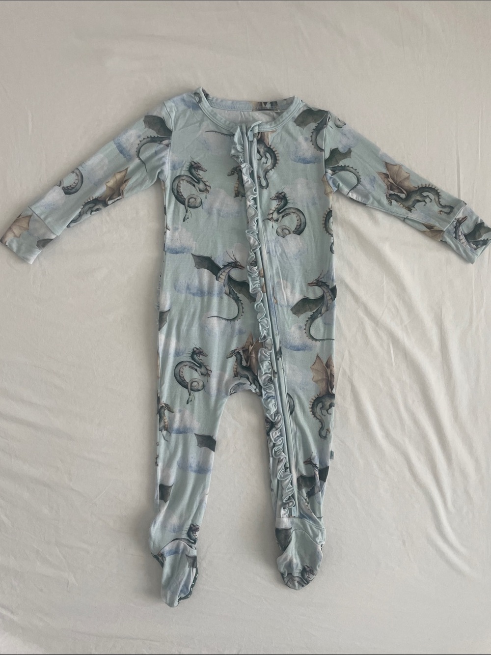 Posh Peanut Percy Light Blue Dragon Print One-Piece Ruffle Pajama 18-24M (VGUC)